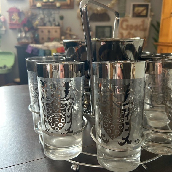 Vintage MCM Kimiko Silver Heraldic Highball Glassware Barware Caddy - Picture 5 of 11